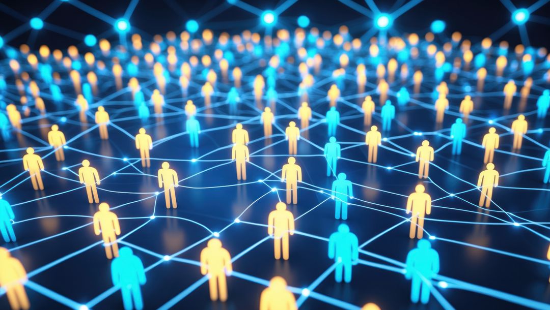 Futuristic Human Network with Glowing Silhouettes on Digital Grid