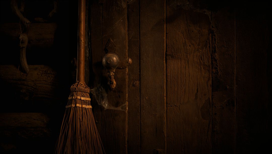 Rustic Vintage Broom and Door with Cobwebs