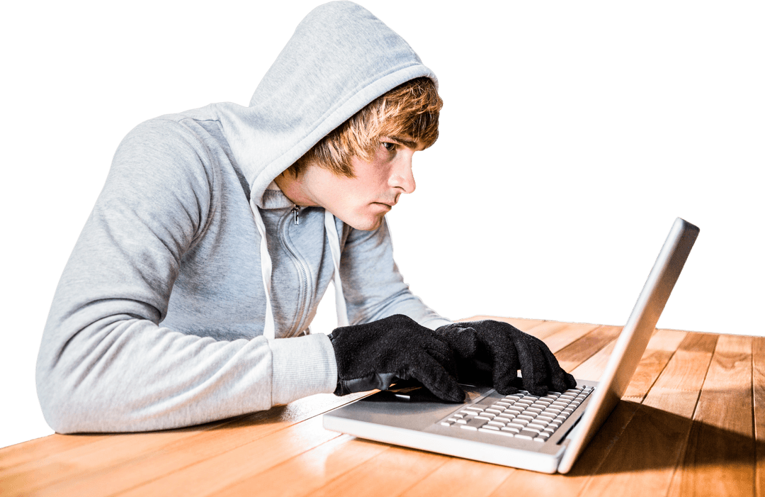 Focused Man in Hoodie Typing on Laptop Transparent Background
