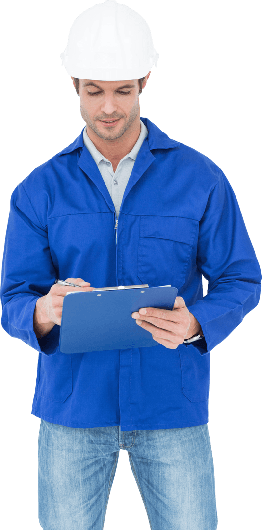Transparent Construction Worker Writing with Blue Clipboard