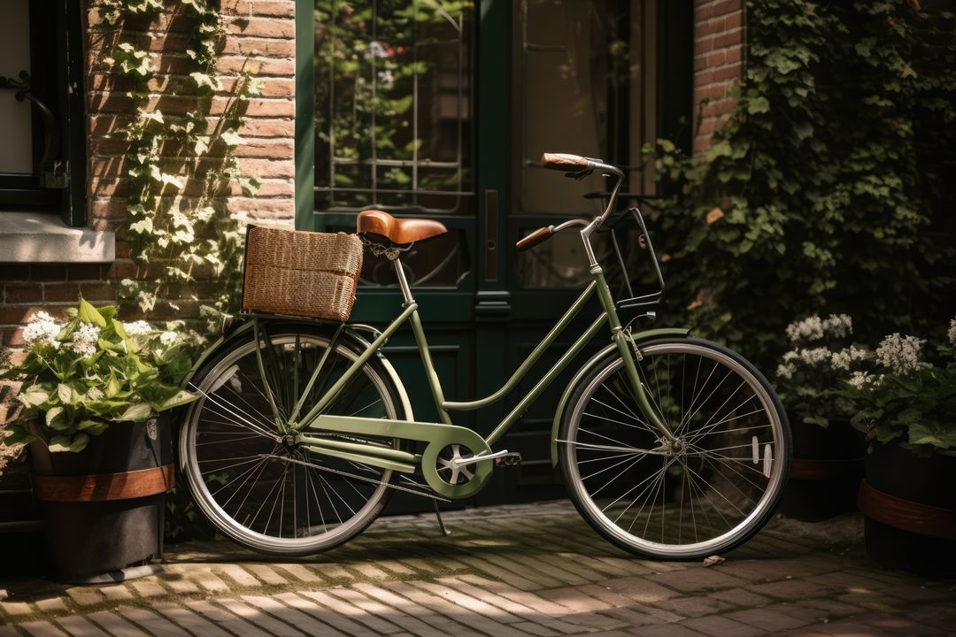 Vintage Green Bicycle with Basket in Sunny Courtyard - Free Images, Stock Photos and Pictures on Pikwizard.com