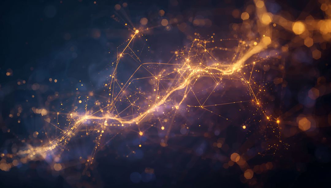 Glowing Golden Neural Network Stream Twisting Across Deep Blue-Purple Backdrop for Digital Technolog