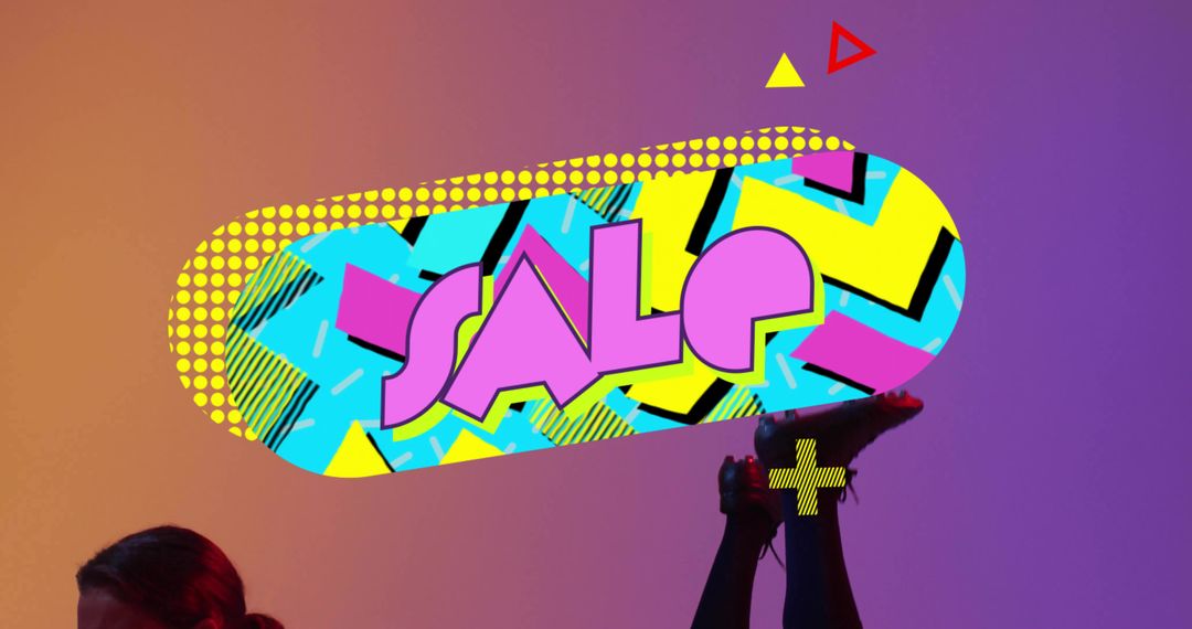 Retro Sale Badge with Neon Geometric Pattern and Fashion Legs in Colorful Vibrant Gradient