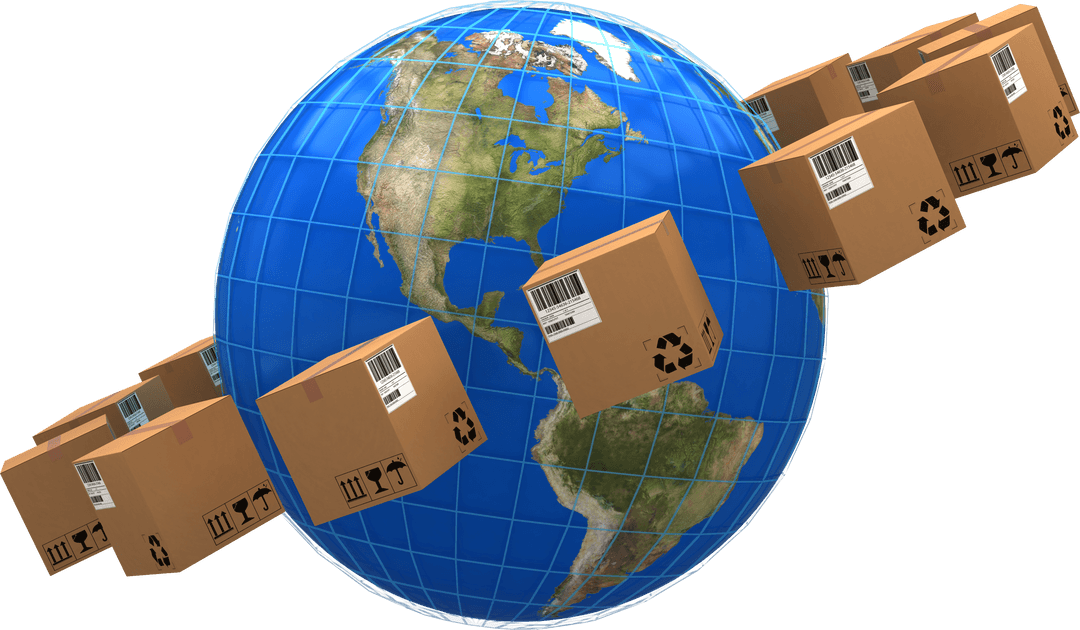 Transparent Globe with Cardboard Boxes Symbolizing Global Shipping