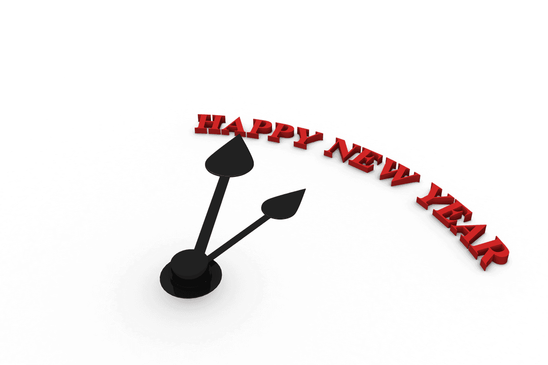 Happy New Year Text with Clock Hands on Transparent Background