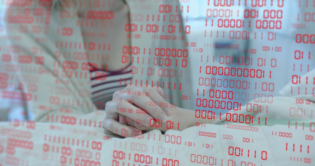 Mother and daughter holding hands with red binary code overlay symbolizing tech connection