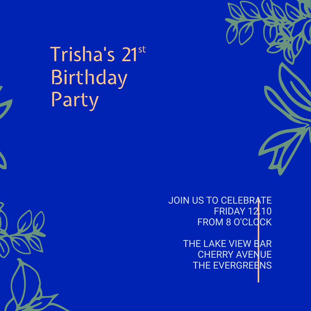 Festive Blue Birthday Invitation Design with Leaf Decorations - Download Free Stock Templates Pikwizard.com