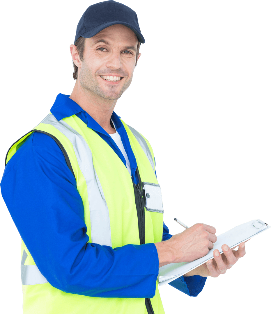 Transparent logistics supervisor holding clipboard in safety vest