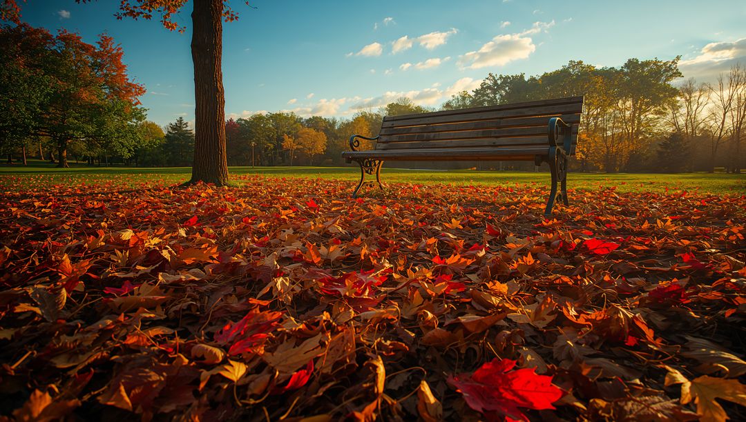 Serene Park Bench Surrounded by Vibrant Autumn Leaves