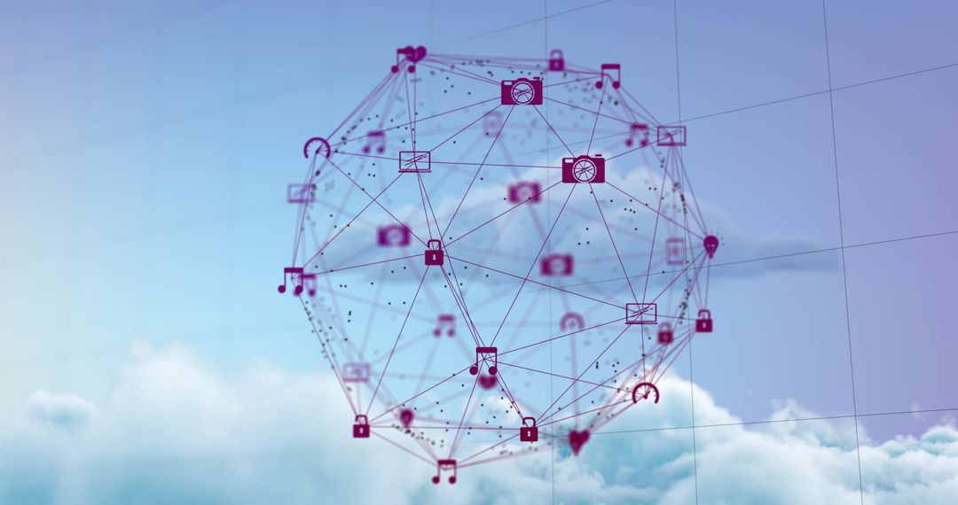 Digital Web Sphere Overlaid on Cloudy Sky Background