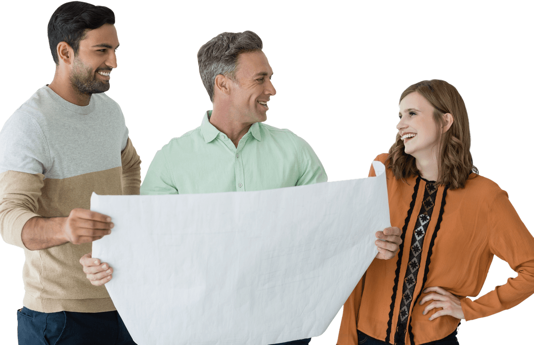 Transparent Diverse Team Discussing Project Blueprint Collaboration