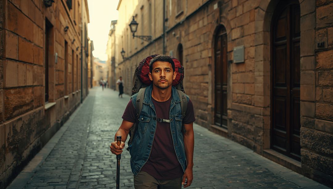 Backpacker Walking Historic Cobblestone Alley Carrying Red Backpack Trekking with Pole