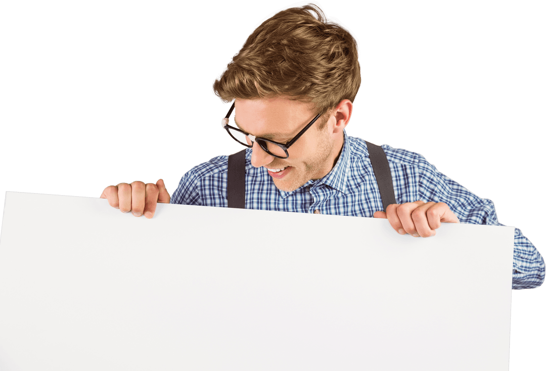 Smiling Hipster with Glasses Holding Large White Board
