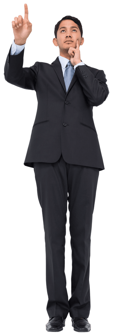 Focused Asian Businessman Pointing on Transparent Background