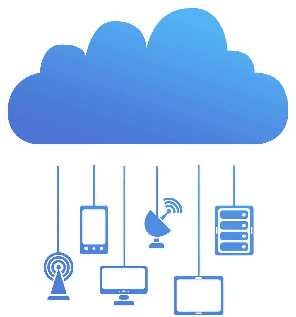 Digital Network Devices Connected to Blue Cloud on Transparent Background