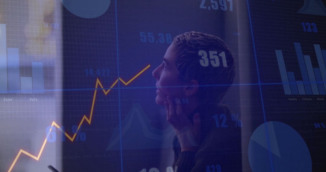 Woman Analyzing Financial Trends with Technology Overlay