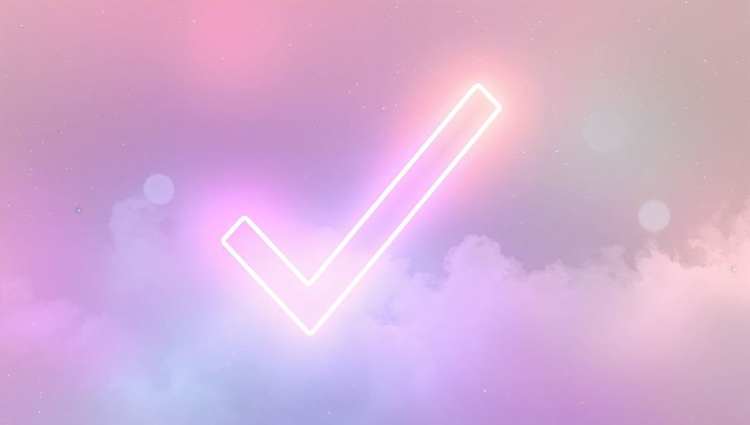 Glowing Neon Check Mark on Pastel Cloud Background