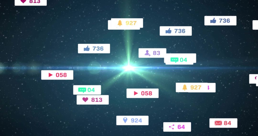 Orbiting Social Media Notifications Over Cosmic Flare, Floating Digital Engagement Counters