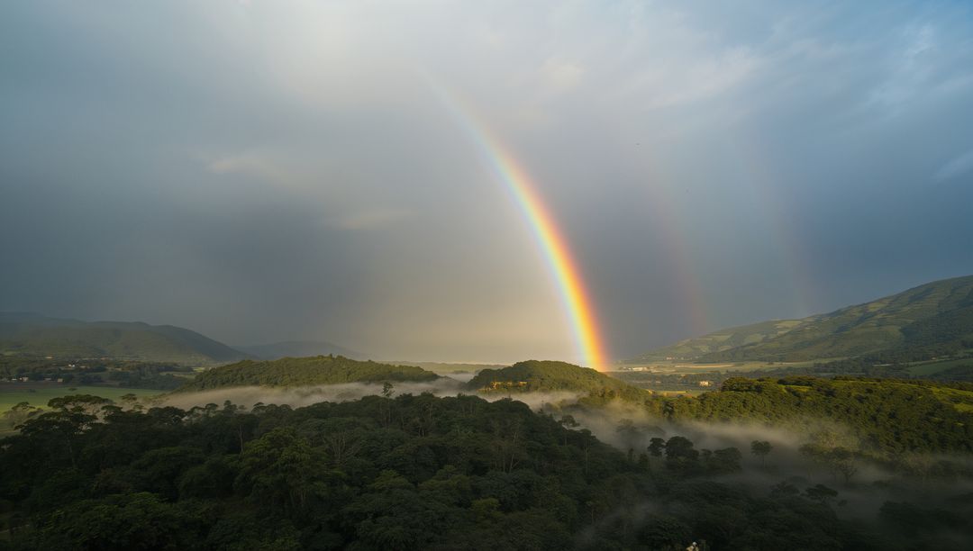 Vibrant Double Rainbow Arching Over Serene Misty Hills