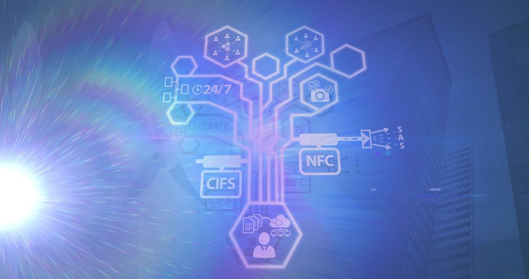 Digital Interface with Business Icons on Blue Background