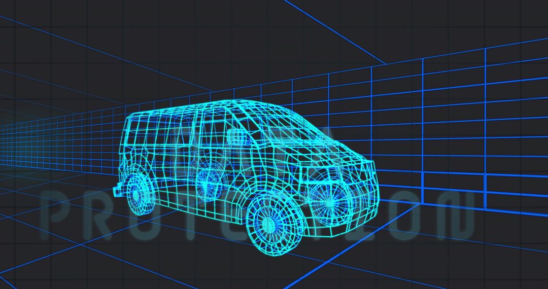 Futuristic Wireframe Van Blueprint in Virtual Environment