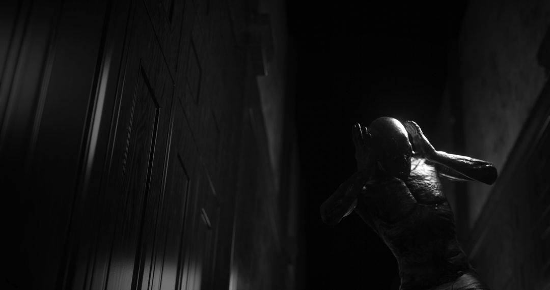 Monstrous figure stunned in dark tunnel horror scene