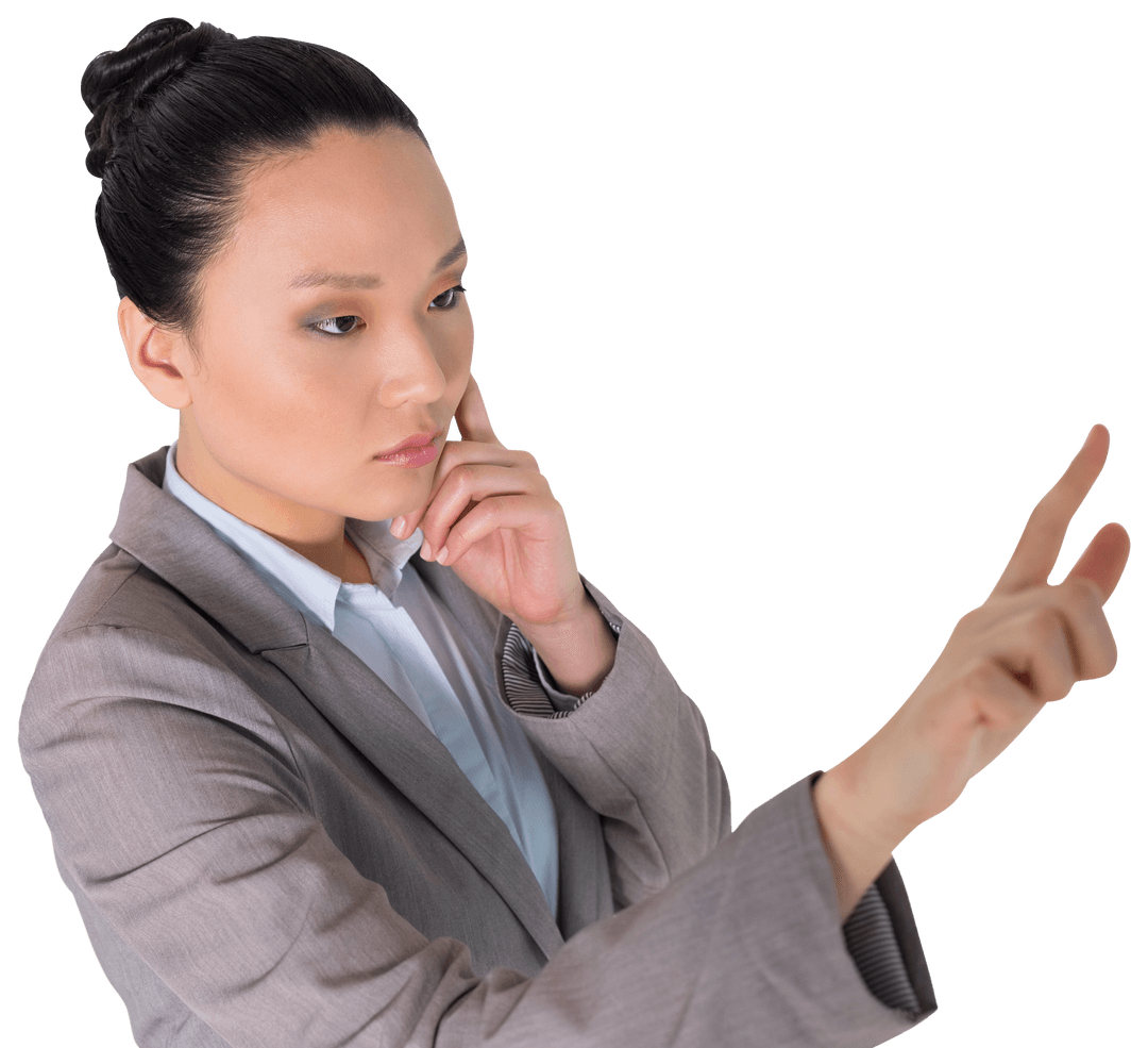 Businesswoman Interacting with Virtual Interface on Transparent Background