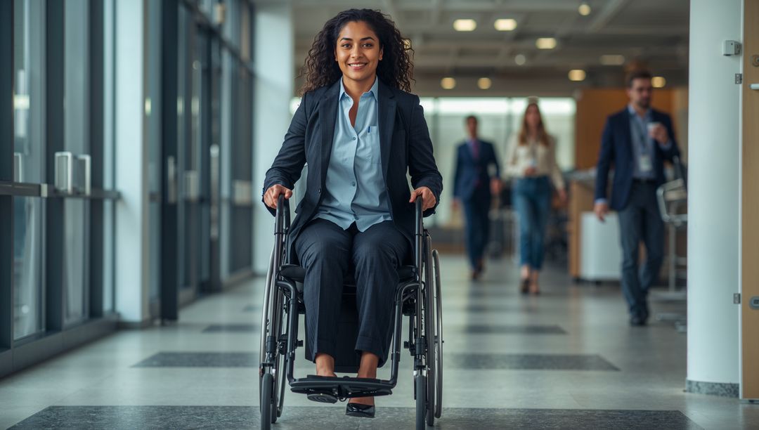 Confident Professional in Wheelchair Navigating Modern Office Space