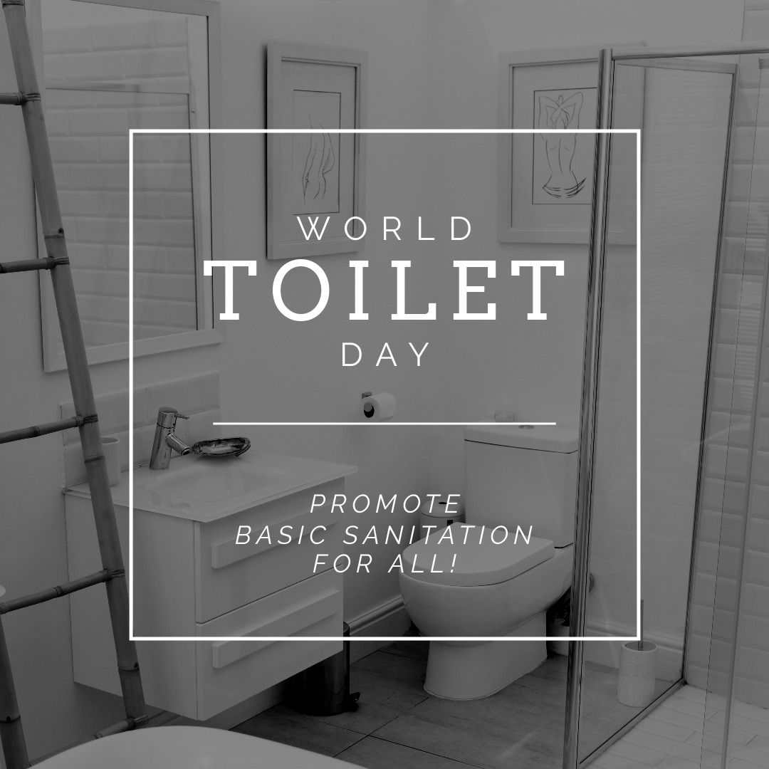 Square image of world toilet day and sanitation text with black and white of toilet in bathroom - Download Free Stock Templates Pikwizard.com