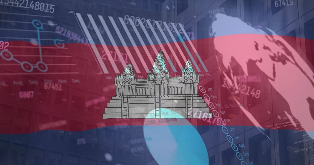 Cambodian Flag with Financial Data Overlay