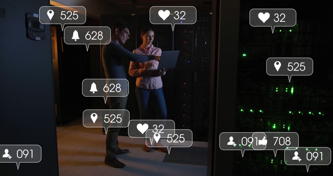 IT Professionals Analyzing Data in Server Room with Social Media Icons Overlay - Free Images, Stock Photos and Pictures on Pikwizard.com