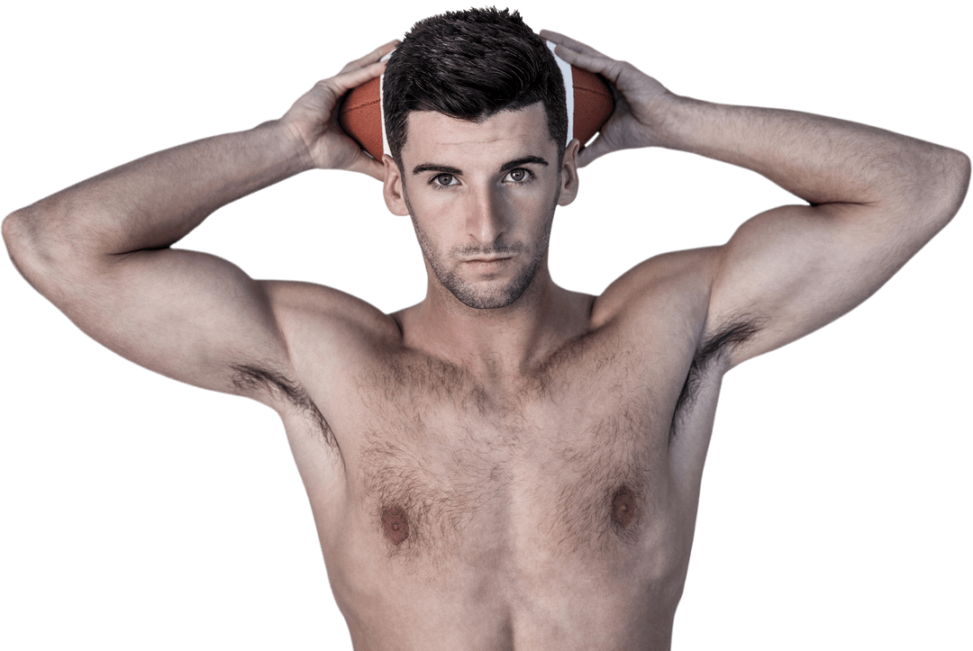 Transparent Portrait Shirtless Man Holding Football Overhead