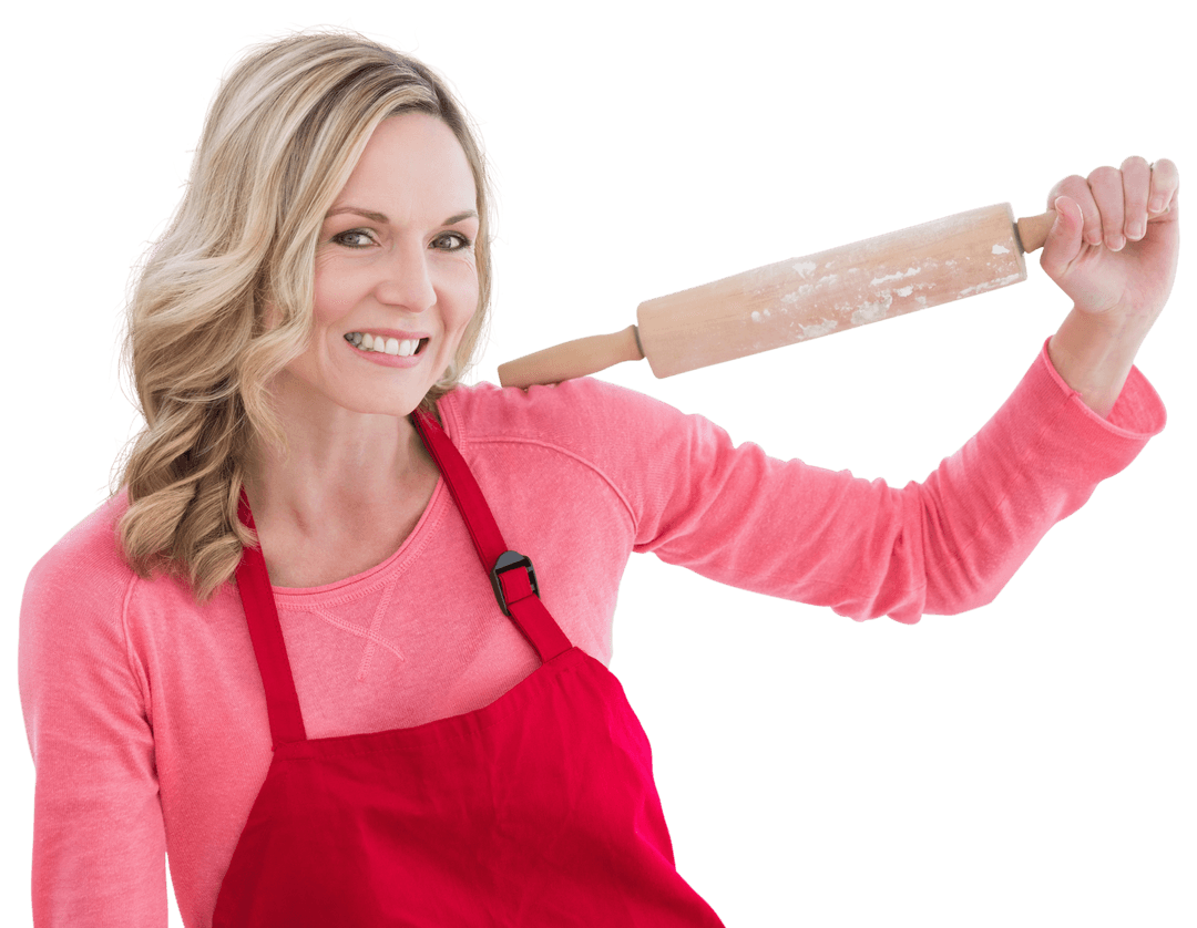 Smiling Caucasian Woman Holding Rolling Pin on Transparent Background
