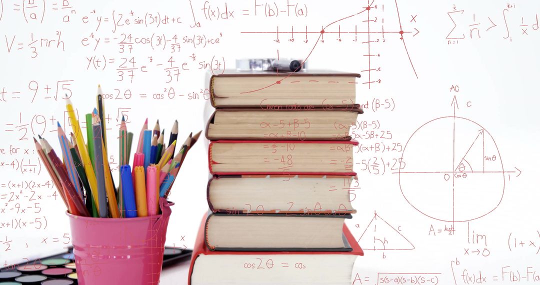 Stack of Books with Art Supplies Among Math Formulas Background