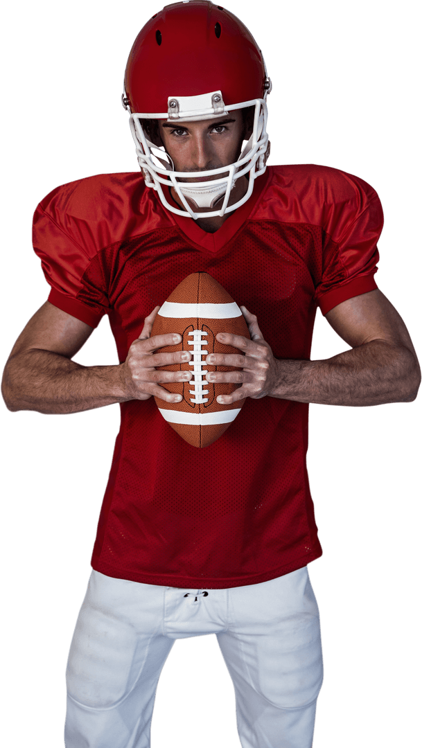 Stern American Football Player Holding Ball on Transparent Background