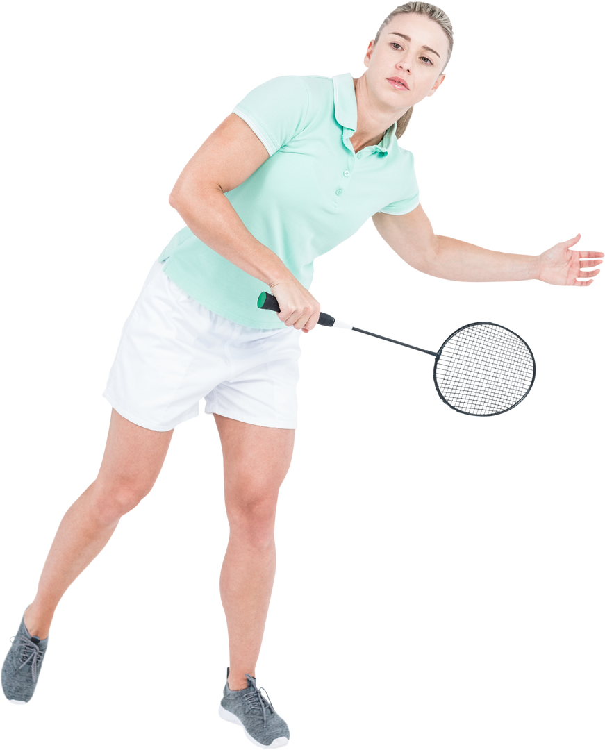 Confident Female Badminton Player with Racket in Dynamic Pose on Transparent Background - Download Free Stock Images Pikwizard.com