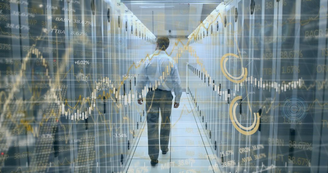 Engineer in Server Room with Financial Data Interface Overlay