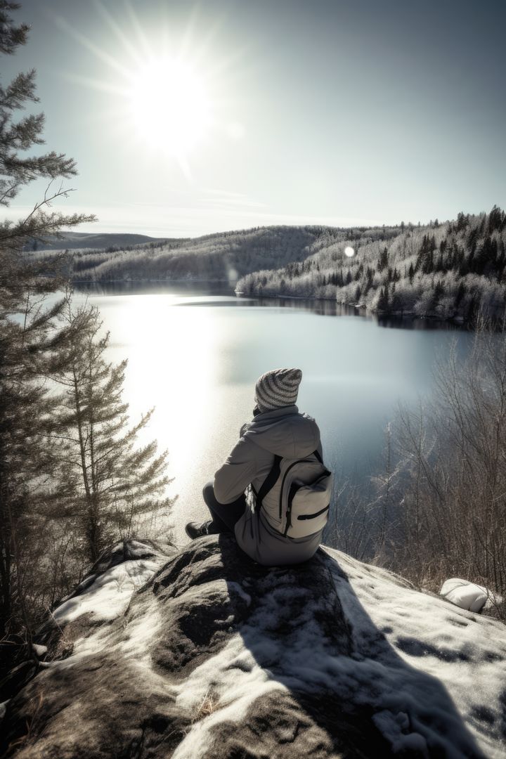 Person sitting on snowy cliff overlooking calm winter lake - Free Images, Stock Photos and Pictures on Pikwizard.com