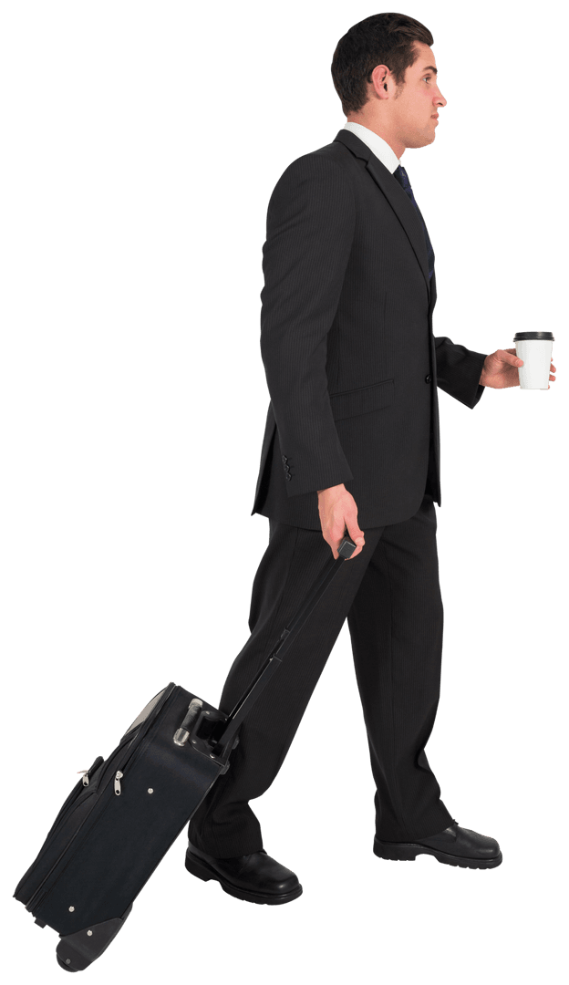 Transparent Businessman Pulling Suitcase with Coffee Cup