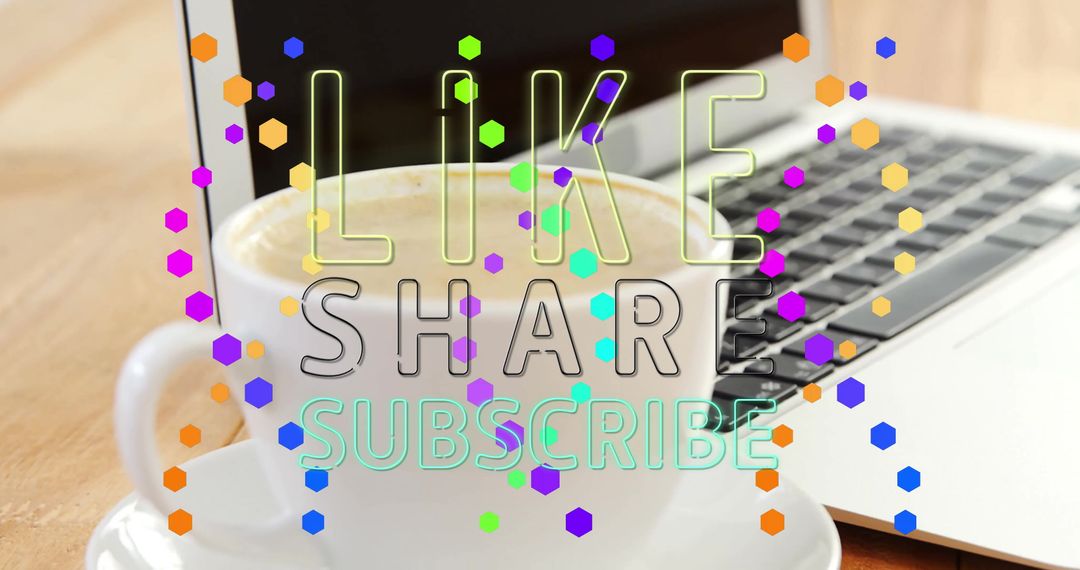 Inviting Workspace with Coffee and Message Overlay for Social Media Engagement