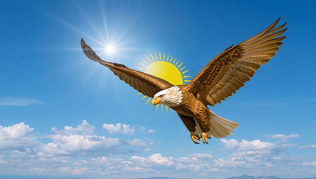 Soaring bald eagle spreading wings against sunburst and clear blue sky