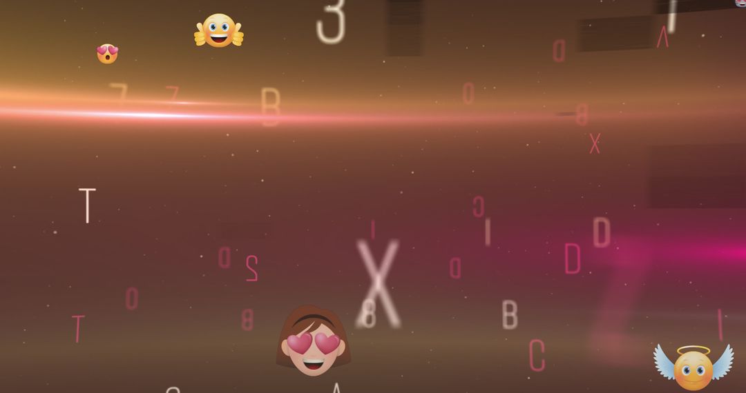 Colorful Emojis Floating Among Digital Letters on Dark Background