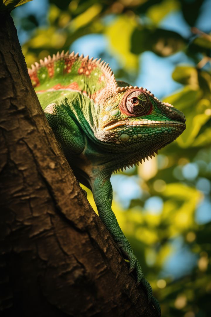 Chameleon Climbing Tree with Vibrant Green and Red Patterns - Free Images, Stock Photos and Pictures on Pikwizard.com