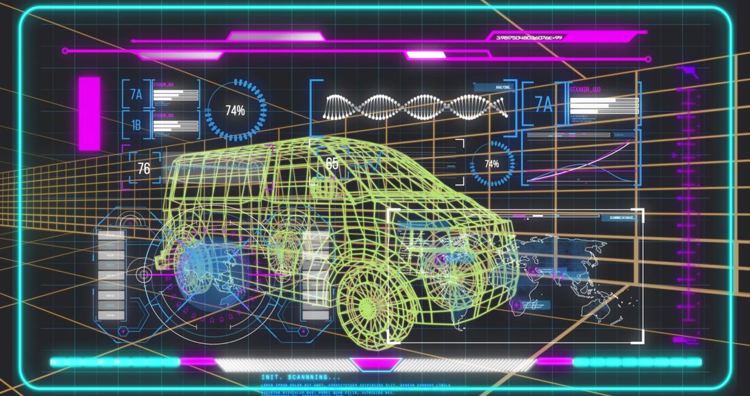 Neon Holographic 3D SUV Wireframe HUD with Telemetry, Wheel Schematics, Progress Rings