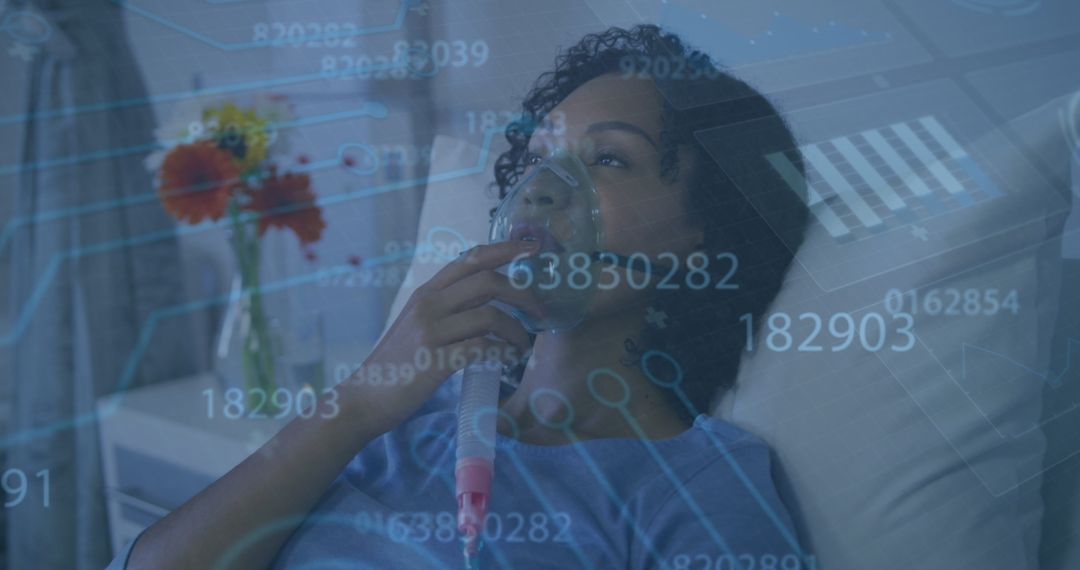 Woman with Oxygen Mask Amid Digital Data Overlay