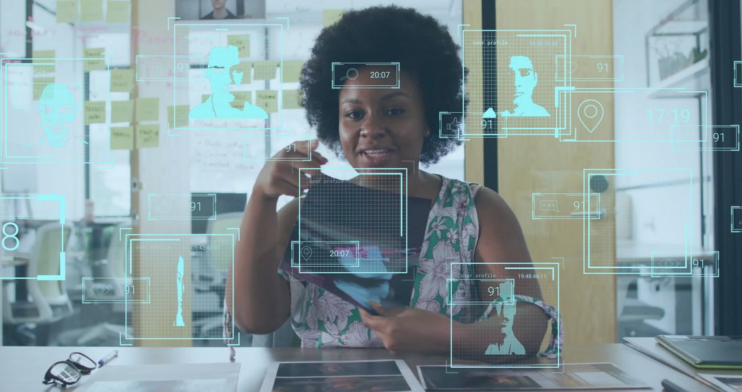 Businesswoman Engaging in Futuristic Virtual Data Interface