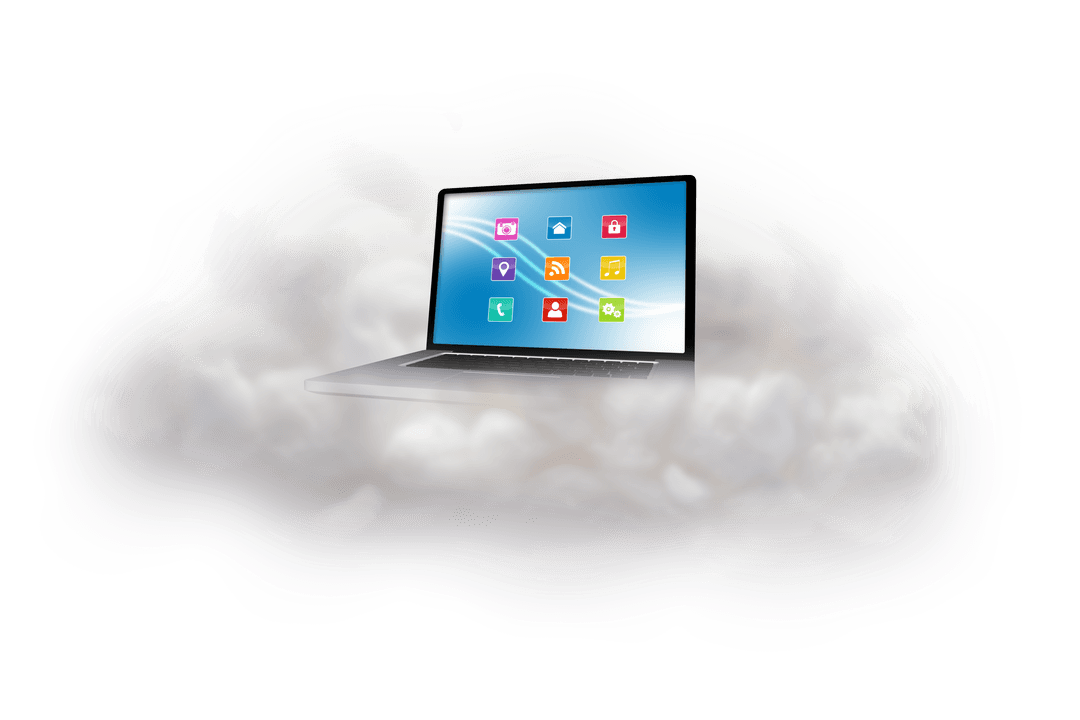 Digital Laptop on Cloud with Icons and Transparent Background