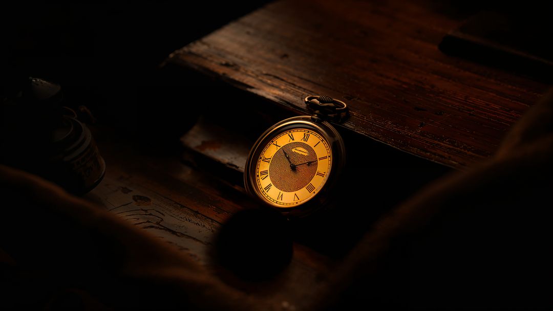 Antique Pocket Watch Glowing on Rustic Wooden Desk