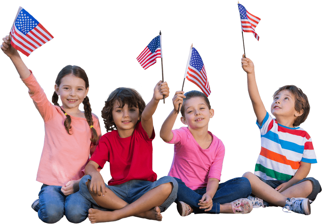Diverse Children Celebrating with US Flags on Transparent Background