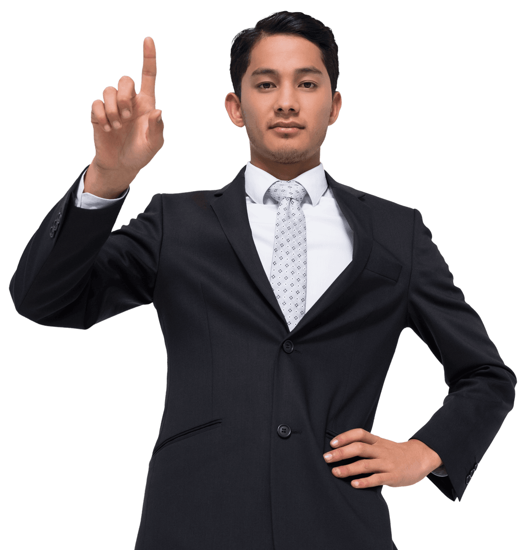 Biracial Businessman Interacting with Virtual Screen Transparent Background